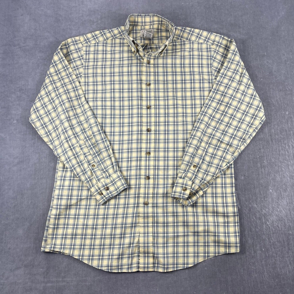L.L. Bean Mens M-Tall Yellow Plaid Long Sleeve Button Down Shirt Traditional Fit